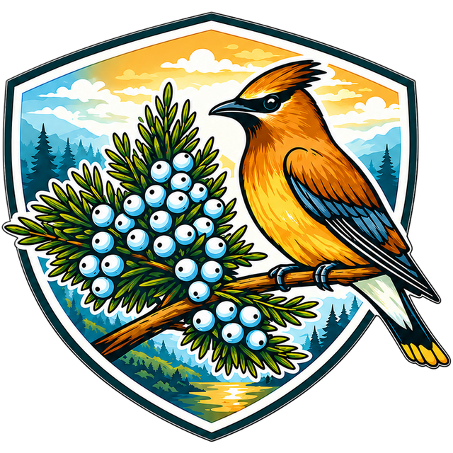 Juniper Works emblem: a cedar waxwing perched on a juniper branch heavy with berries