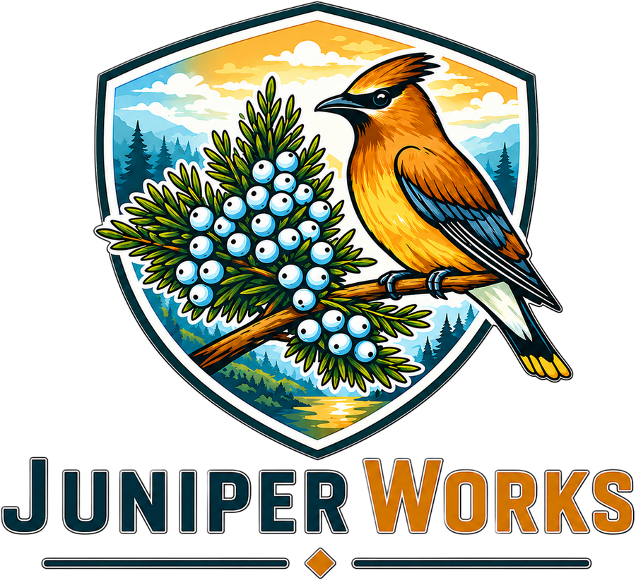 The Juniper Works logo: the waxwing shield above the Juniper Works wordmark